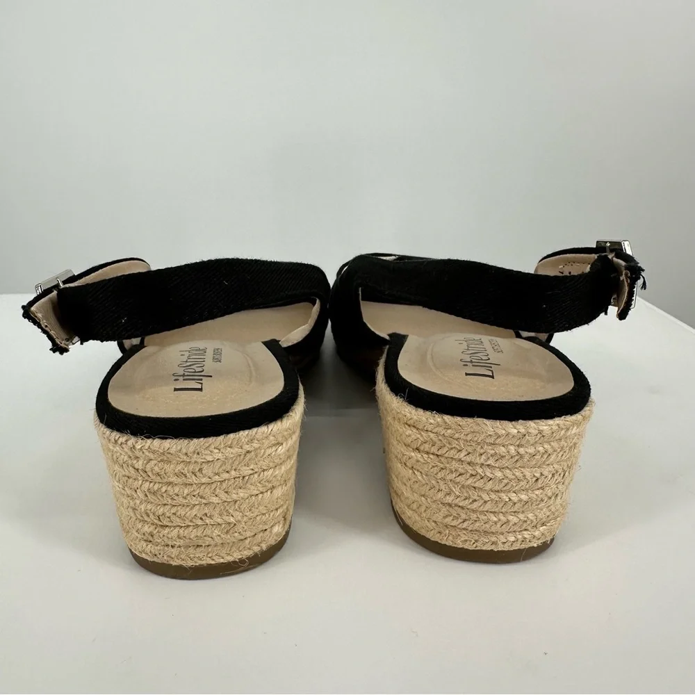 LifeStride Socialite Wedge Sandal in Black Canvas size 10W Ankle Strap Peep Toe